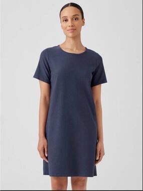 Eileen Fisher Navy Shift Dress L Side Zip Short Sleeve Minimalist Office